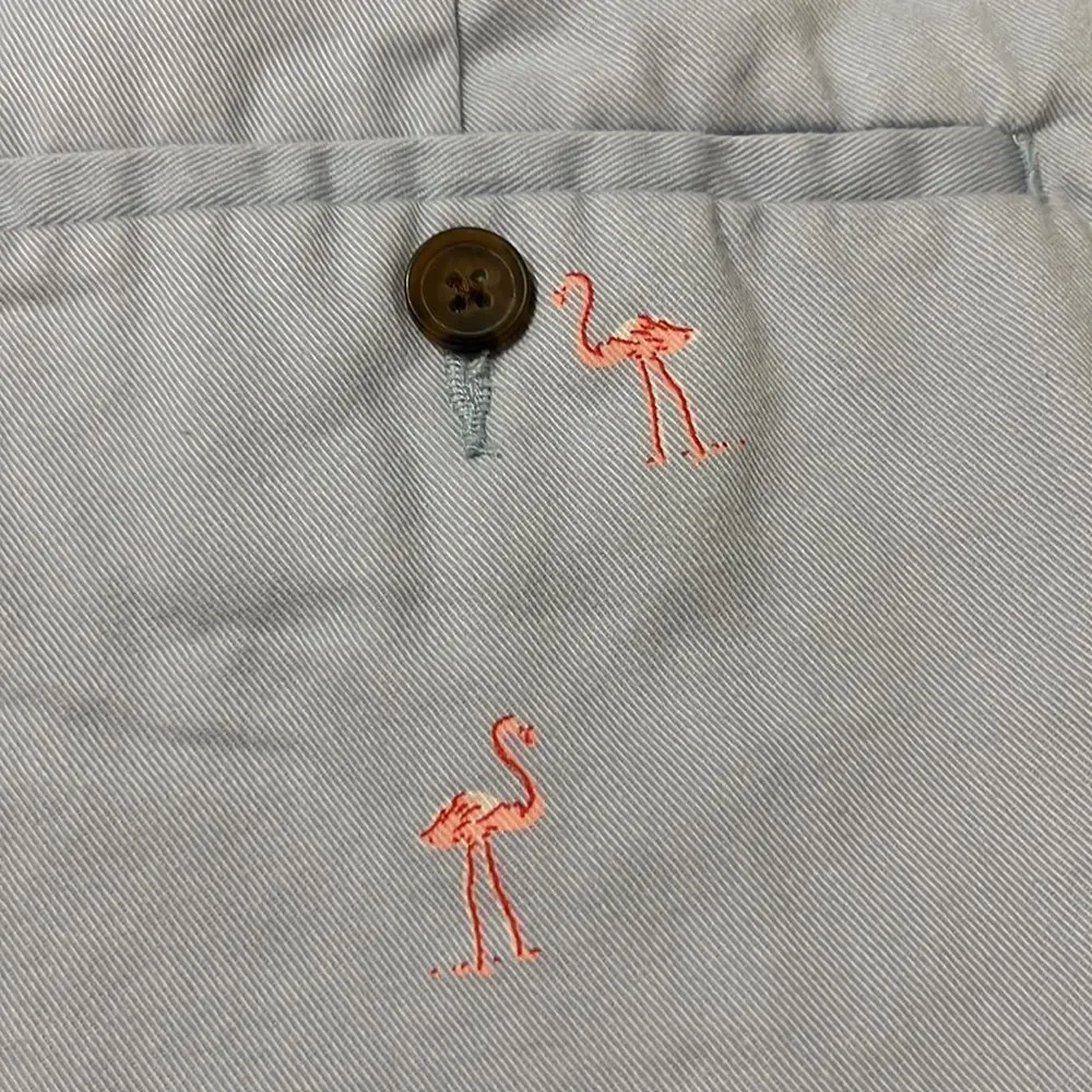 J Crew mens Gramercy light blue shorts with pink flamingos size 31.